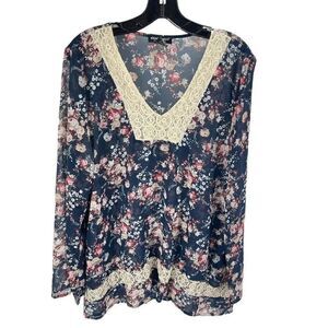 About A Girl Womens Floral Blouse Top Sheer Crochet V Neck Blue Red Size XL
